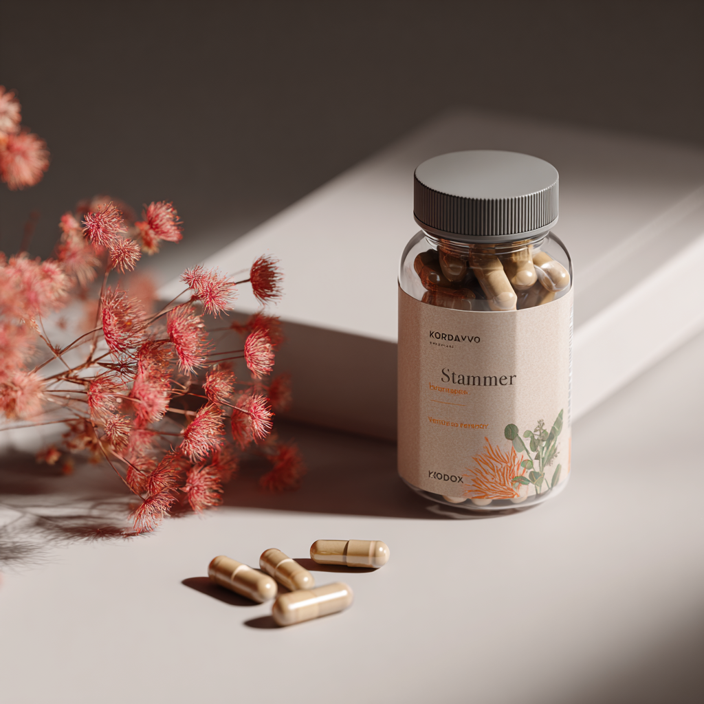 Elegant dark burgundy supplement bottle with Stamiver label, premium medical-grade packaging, photographed in soft natural lighting against cream background, realistic product photography style